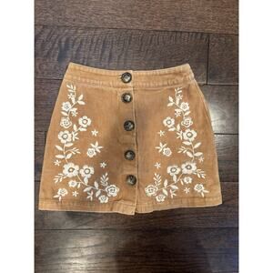 Francescas Mi Ami Skirt Womens Extra Small Brown Flower Embroidered Button Front